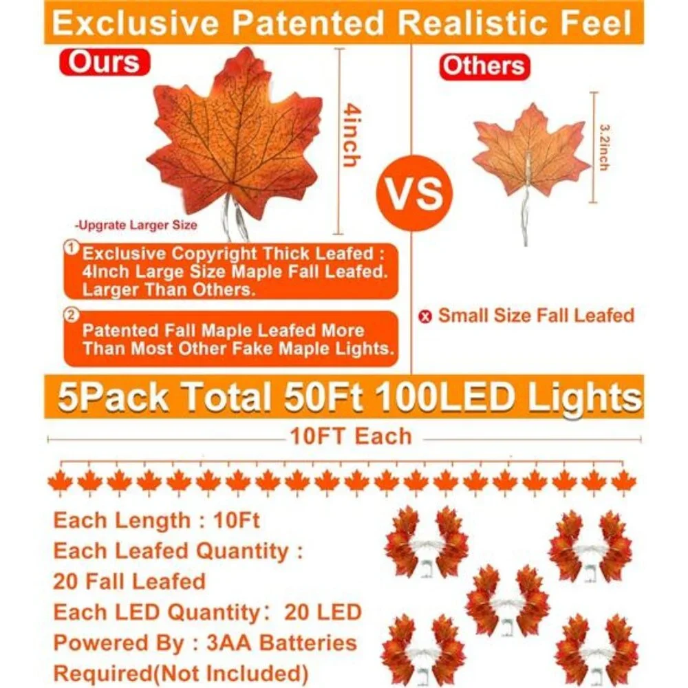 Fall Decor-5Pack Total 50Ft 100LED Fall Garland Lights Fall Decorations for Home